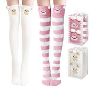 Kakveiai Damen Lange Socken, Überknie Kniestrümpfe, KuschelSocken, Overknee Strümpfe, Flauschige Kuschel Süße warm weiche, für Damen und Mädchen, Einheitsgröße 2 Paar(Weiß+Weiß Rosa)