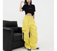 KAL'ANWEI Harajuku Lässige Baggy Jogginghose Frauen Elastische Hohe Taille Cargo Weites Bein Hose Retro Y2K Mode Vintage Streetwear Jogger,Gelb,XL (55-65 Kg)