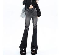 KAL'ANWEI Streetwear Y2K Jeans Frauen 90Er Jahre Vintage Grunge Punk Mode Hohe Taille Gebürstete Jeanshose Schwarze Weite Schlaghose,Schwarz,XL