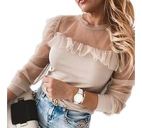 Kalaokei Stilvolles Pendler-Top für Damen, mit Rüschen, Patchwork-Perlen, Rüschen, lange Puffärmel, durchsichtiges T-Shirt, 1 l