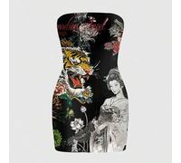 Kalligraphie Geisha Neuer Chinesischer Stil Heißes Mädchen Dunkel Gothic Street Vintage Scharfes Mädchen Tube-Top Mini Kleid für Frauen