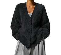 KaloKLU Damen-Pullover, flauschig, Mohair, Knopfleiste, V-Ausschnitt, langärmelig, Strick-Top, lässig, leicht, Cardigan