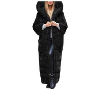 KaloKLU Damen Wintermantel Lang Pelzmantel mit Kapuze Wintermantel Warm Kunstfell Mantel Einfarbig Wintermantel Dicker Wintermantel Kuscheliger Wintermantel mit Tasche, Schwarz , 42
