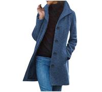 KaloKLU Damen Wintermantel Wollmantel Einreihiger Trenchcoat Stehkragen mit Knöpfen vorne mittellang Mantel Langarm Oberteil, blau, 48