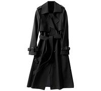 KaloKLU Langer Mantel Damen mit Gürtel Elegant Knielang Trenchcoat Windbreaker Übergangsjacke mit Taschen, Schwarz , 38