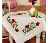 KAMACA Stickpackung Mohnblumen Tischdecke 80x80 cm - Kreuzstich vorgezeichnet - Komplettes Stickset aus 100% Baumwolle - Stickerei Set für Erwachsene - Mitteldecke floral