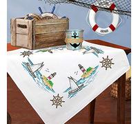 KAMACA Stickpackung Segelboot & Leuchtturm Tischdecke 80x80 cm - Kreuzstich vorgezeichnet - Komplettes Stickset aus 100% Baumwolle - Stickerei Set für Erwachsene - Maritimes Design