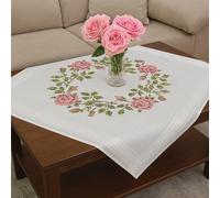 KAMACA Stickpackung Tischdecke 80x80 cm Blumen Kreuzstich-Set vorgedruckte Stickdecke inkl. Stickgarn Stickvorlage und Anleitung Stickset zum Selbersticken für Erwachsene (Rosen Kranz MD 80x80 cm)