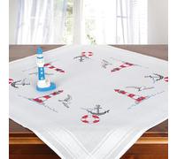 KAMACA Stickpackung Tischdecke Kreuzstich Maritim vorgedruckte Stickdecke inkl. Stickgarn Stickvorlage und Anleitung Stickset zum Selbersticken für Erwachsene (Leuchttturm MD 80x80 cm)