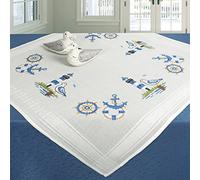 KAMACA Stickpackung Tischdecke Kreuzstich vorgezeichnet komplettes Stickset mit Stickvorlage Stickerei-Kit zum Selbersticken Erwachsene (Am Meer MD 80x80 cm)