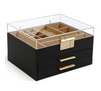 KAMIER Schmuckschatulle für Damen, Acryl-Deckel, Schmuck-Organizer mit 2 Schubladen für Halsketten, Ringe, Ohrringe, Armbänder, Schmuckaufbewahrung, Hochzeitsgeschenke, Schwarz