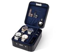 KAMIER Uhrenbox 4, Mechanisches Zahlenschloss Uhrenbox Herren und Damen, Ringe und Uhrenkasten Herren Aufbewahrung Organizer, PU Leder Reise Watch Case, kompatibel mit AirTags, Geschenkbox, Schwarz