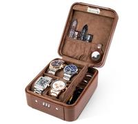 KAMIER Uhrenbox mit Zahlenschloss für 4 Uhren, Reiseetui Exklusive Uhrenaufbewahrung aus Hochwertigem Leder und edlem Samt, Uhrenbox Herren für Reise Watch Case, Kompatibel mit AirTags, Braun