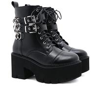 Kampf Stiefel Gothic Dicke Kunstleder Stiefel High Heels Plattform Schnürschuhe für Frauen,Schwarz,39 EU