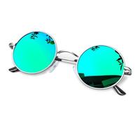 KANASTAL Runde Sonnenbrille Herren Damen Klassische Retro Polarisierte Sonnenbrille Rund mit Metallrahmen Vintage Hippie Rave Brille UV400 Schutz, Silber Rahmen Verspiegelt Grün Gläser