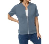 KANCY KOLE Damen Kurzarm-Jacken Leichte Zip-Up Sweatshirt Sommer-Mode-Jacken mit Taschen, Grau / Blau, L