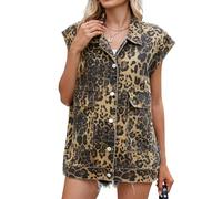 KANDEMY Damen Ärmellos Jeansjacke Trendy Beiläufige Denim Weste Outwear Boyfriend Oversized Freizeitjacken Leopard L