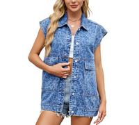 KANDEMY Damen Ärmellos Jeansjacke Trendy Beiläufige Denim Weste Outwear Boyfriend Oversized Freizeitjacken Blau Leopard L