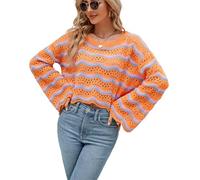 KANDEMY Damen Boho Pullover Flowy Langarm Häkelpulli Oberteile Frühling Sommer Strickpullover Festival Häkelpullover Rundhals Bikini Cover Up Blumen Häkeltop