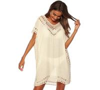 KANDEMY Damen Sommer Bikini Cover Up V-Ausschnitt Strand Poncho Strandkleid mit Cutout Crochet Sommer Kleider für Urlaub Aprikose XXL
