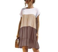 KANDEMY Damen Sommerkleid Lässig T-Shirt-Kleid mit Farbblock Kurzarm Sommer Kleider Locker Hängerkleid Freizeitkleid mit Rüschensaum Braun S