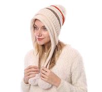 Kangqifen Damen Winter Gestreifte Fleece Gefüttert Warme Strickmütze Bommelmütz Gestrickte Mütze mit Ohrenklappen 3 Pompon (beige)