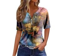 Kanpola Bluse Damen Elegant V-Ausschnitt T-Shirt Mode Bunte Drucken Lose Kurzarm Sommeroberteile Knopfleiste Tunika Tops Frauen Hemdbluse Freizeit Strand Oberteile Sommershirts
