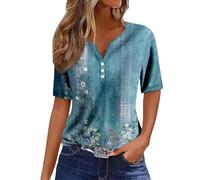 Kanpola Bluse Damen Elegant V-Ausschnitt T-Shirt Mode Bunte Drucken Lose Kurzarm Sommeroberteile Knopfleiste Tunika Tops Frauen Hemdbluse Freizeit Strand Oberteile Sommershirts
