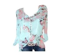 Kanpola Chiffon Shirt Damen Sommer Herbst Bluse BeiläUfige Blumen Print T Shirt Langarm Henley Shirt UnregelmäßIge Rand Spitzenbluse