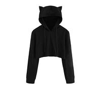 Kanpola Damen Crop Hoodie Katze Ohr Kapuzenpullover Langarm Coole Sweatshirt Herbst Einfarbige Tops Bluse Hip-Hop Streetwear