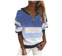 Kanpola Damen Pullover Oversize V-Ausschnitt Printed Sweatshirt Langarmshirt mit Knopf Herbst Winter Frauen Bluse Shirt Sport Oberteile Tops