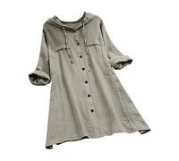 Kanpola Leinenbluse mit Kapuze Damen Oversize Langarm Hoodie Mini Kleid LäSsige Longbluse Loose Hemdbluse Herbst Oberteile
