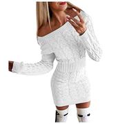 Kanpola Pullover Damen Pulloverkleid Sexy Schulterfrei Strickkleid Minikleid mit Zopfmuster Langarm Dress Sweatshirt Herbst Winter Elegante Kleider