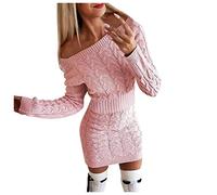 Kanpola Pullover Damen Pulloverkleid Sexy Schulterfrei Strickkleid Minikleid mit Zopfmuster Langarm Dress Sweatshirt Herbst Winter Elegante Kleider