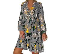Kanpola Sommerkleid Damen Oversized Kleider Strandkleid Langarm Blusenkleid Boho Kleid Sommer Blumenmuster Strandkleid V-Ausschnitt Midi-Hemdkleid Freizeitkleider Loose Fit