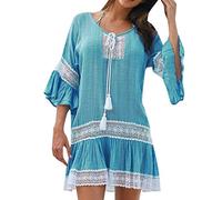 Kanpola Strandkleid Damen Kurz Tunika Kleid Strand Bikini Cover Up Luftig Sommerkleider Rundhals T-Shirt-Kleid Beachkleider Mit HäKeloptik