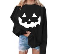 Kapuzen Hoodie Damen Halloween-Sweatshirts für Frauen 2024 süßes Kürbisgesicht Fledermaus Grafik Rundhals Langarmshirt Top Pullover Mit Strass Damen (Black, M)