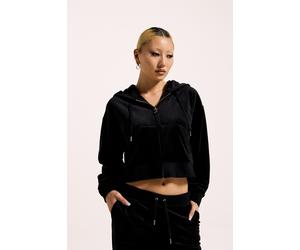 Kapuzennickijacke JUICY COUTURE "BRENDAL CROP OVERSIZED HOODIE Damen", Damen, Gr. M, schwarz, Samt, 95% Polyester, 5% Elasthan, slim fit taillenlang, Jacken, Trainingsjacke Damen, Sweatjacke mit Kapuz