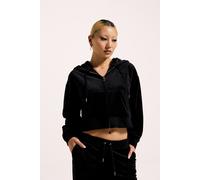Kapuzennickijacke JUICY COUTURE "BRENDAL CROP OVERSIZED HOODIE Damen", Damen, Gr. S, schwarz, 95% POLYESTER, 5% ELASTAN, slim fit, Jacken, Trainingsjacke Damen, Sweatjacke mit Kapuze, Velour, mit Glit