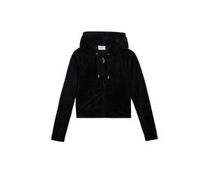 Kapuzennickijacke JUICY COUTURE "MADISON COL OUT HOODIE. Damen", Damen, Gr. S, schwarz, Samt, 95% Polyester, 5% Elasthan, slim fit taillenlang, Jacken, Trainingsjacke Damen, Sweatjacke mit Kapuze, Vel
