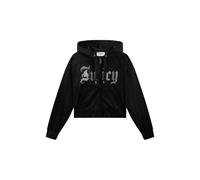 Kapuzennickijacke JUICY COUTURE "OLD GOTHIC ICCLE HOODIE Damen", Damen, Gr. S, schwarz, Samt, 95% Polyester, 5% Elasthan, weit kurz, Jacken, Trainingsjacke Damen, Sweatjacke mit Kapuze, Velour, mit Gl