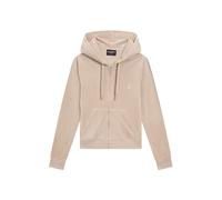 Kapuzennickijacke JUICY COUTURE "ROBERTSON HOODIE.. Damen", Damen, Gr. L, beige (string), Samt, 95% Polyester, 5% Elasthan, slim fit taillenlang, Jacken, Trainingsjacke Damen, Sweatjacke mit Kapuze, V