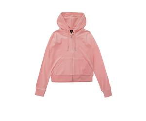 Kapuzennickijacke JUICY COUTURE "ROBERTSON HOODIE Damen", Damen, Gr. M, rosa (juicy pink), Samt, 95% Polyester, 5% Elasthan, slim fit taillenlang, Jacken, Trainingsjacke Damen, Sweatjacke mit Kapuze,