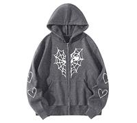 Kapuzenpullover Damen Gothic, Y2K Hoodie Damen Zip Up,Sweatshirt Damen mit Kapuze Tasche Spinnennetz Herzen Drucken Hooded Pullover Warm Sweatjacke Kapuzenjacke Hoodies für Frauen Teenager Mädchen