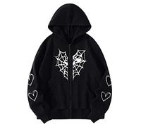 Kapuzenpullover Damen Gothic, Y2K Hoodie Damen Zip Up,Sweatshirt Damen mit Kapuze Tasche Spinnennetz Herzen Drucken Hooded Pullover Warm Sweatjacke Kapuzenjacke Hoodies für Frauen Teenager Mädchen