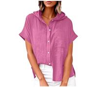 Kapuzenpullover Damen Hoodie Shirt Baumwolle Und Leinen KurzäRmlig Sommer Kurzarm Mit Kapuze Tunika Tops Lockere Oberteil Mit Taschen Elegant LäSsige Blusentop Zum KnöPfen Einfarbig Kurzarmhemd