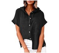 Kapuzenpullover Damen Hoodie Shirt Baumwolle Und Leinen KurzäRmlig Sommer Kurzarm Mit Kapuze Tunika Tops Lockere Oberteil Mit Taschen Elegant LäSsige Blusentop Zum KnöPfen Einfarbig Kurzarmhemd