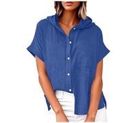 Kapuzenpullover Damen Hoodie Shirt Baumwolle Und Leinen KurzäRmlig Sommer Kurzarm Mit Kapuze Tunika Tops Lockere Oberteil Mit Taschen Elegant LäSsige Blusentop Zum KnöPfen Einfarbig Kurzarmhemd