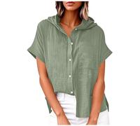Kapuzenpullover Damen Hoodie Shirt Baumwolle Und Leinen KurzäRmlig Sommer Kurzarm Mit Kapuze Tunika Tops Lockere Oberteil Mit Taschen Elegant LäSsige Blusentop Zum KnöPfen Einfarbig Kurzarmhemd