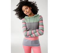 Kapuzenpullover KANGAROOS, Damen, Gr. 52/54, bunt (mint, grau, rosa, hellblau), Feinstrick, Obermaterial: 50% Baumwolle, 50% Polyacryl, geringelt, gestreift, sehr figurbetont hüftbedeckend, Rippstrick